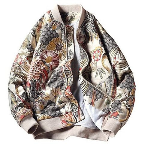 Japón estilo Floral de la grúa bordado chaqueta Bomber con cuello alto hombres Streetwear chaquetas de béisbol universitarias abrigo de otoño ► Foto 1/6