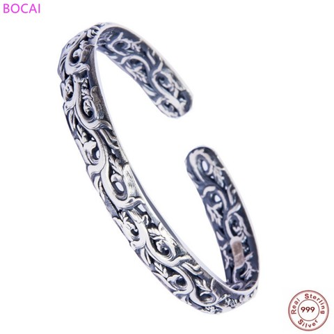 BOCAI-pulsera de plata de ley 999 para mujer, adorno Retro antiguo, brazalete de plata tailandesa con personalidad, joyería hsnd ► Foto 1/1