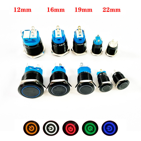 Interruptor de botón negro de 12/16/19/22mm, resistente al agua, con luz Led, interruptores momentáneos planos de Metal con marca de potencia de 5V, 12V y 24V ► Foto 1/6