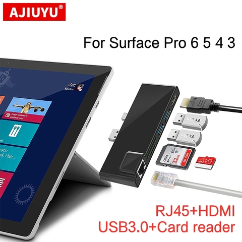 Ajuyu-concentrador de red USB 3,0 para Microsoft Surface Pro 3, 4, 5, 6, lector de tarjetas SD/TF, acoplamiento microSD a 4K, HDMI, dock Gigabit, adaptador Ethernet ► Foto 1/6