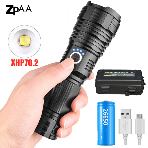 Linterna LED Ultra potente recargable por USB, linterna de mano con zoom XHP50 XHP70 XHP70.2, luz Flash con batería 26650 18650 ► Foto 1/6