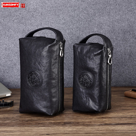 Bolso de mano de cuero auténtico para hombre, de cuero auténtico cartera de mano, de negocios, a la moda, de algodón suave, con cremallera versátil, color negro ► Foto 1/6