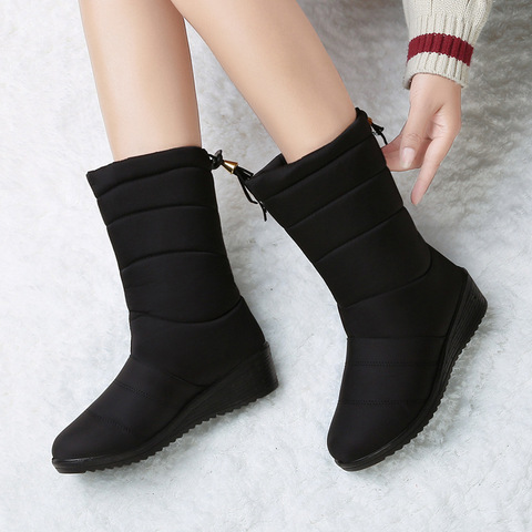Las mujeres de invierno Botas de tobillo Botas abajo Botas de nieve dama banda elástica de invierno zapatos de Mujer zapatos de piel negro Botas Mujer ► Foto 1/6
