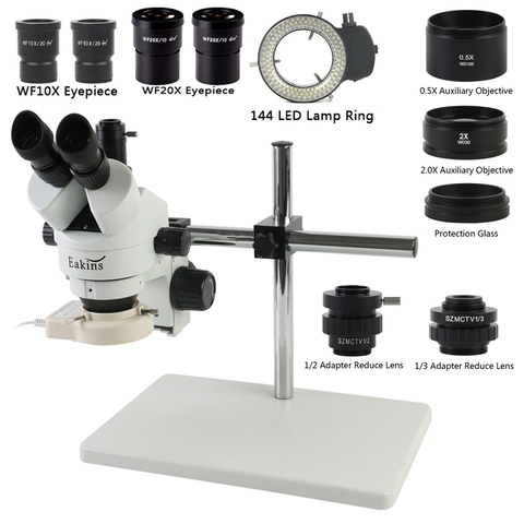 Simul focal microscopio estéreo Trinocular 7 ~ 45X Zoom continuo + HDMI/VGA microscopio Cámara + soporte Universal + 144 luz LED ► Foto 1/6