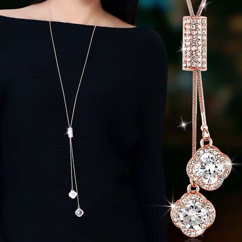 Collares de moda para mujer, joyería de cristal, collar con colgante de Hojas de Trébol, suéter largo, cadena giratoria ► Foto 1/6