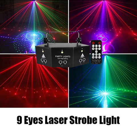 Luz estroboscópica láser RGB de 9 ojos para discoteca, máquina de niebla de escenario con Control remoto DMX512, para Dj, iluminación de boda y karaoke nocturno ► Foto 1/6