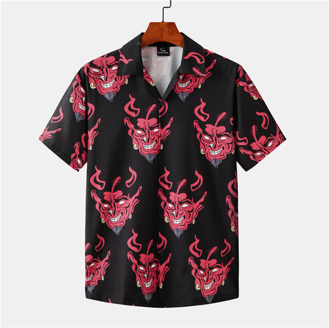 Devil-camisas de manga corta estampada por completo para hombre, ropa de calle coreana hawaiana, Floral suelto, Hip-Hop, para parejas, moda de verano ► Foto 1/6