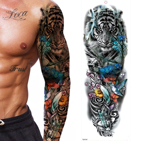 Manga de brazo grande tatuaje temporal resistente al agua tatuaje pegatina mariposa Tigre hombre flor completa tatuaje para arte corporal tatuaje de chica ► Foto 1/6