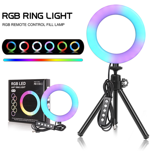 Anillo de luz LED RGB de 6 pulgadas para Selfie, lámpara con trípode, enchufe USB, 15 colores, 3 modelos para YouTube, maquillaje en vivo y fotografía ► Foto 1/6