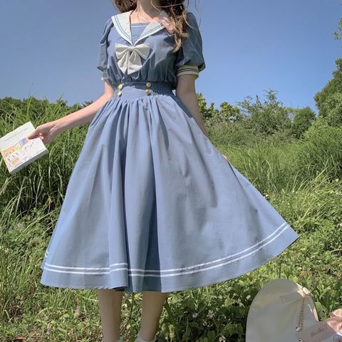 Vestido Harajuku de manga larga estilo Kawaii para chica, vestido estilo marinero, estilo japonés, Lolita, agradable arco anudado, retro de algodón ► Foto 1/6