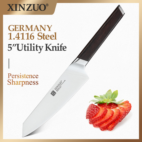 XINZUO-cuchillo de utilidad de 5 pulgadas, utensilio de cocina de alto carbono alemán con mango de ébano, exfoliante de frutas, aparejos de cocina, 1,4116 ► Foto 1/6