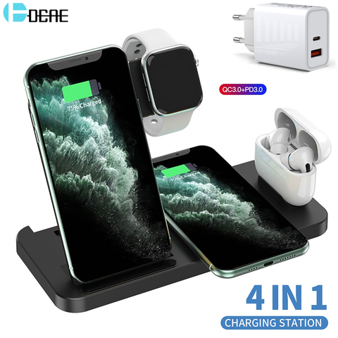 Cargador inalámbrico 4 en 1, carga rápida de 15W para iPhone 12 11 XS XR X 8 Samsung, Apple Watch 6 5 4 3 AirPods Pro QC 3,0 ► Foto 1/6