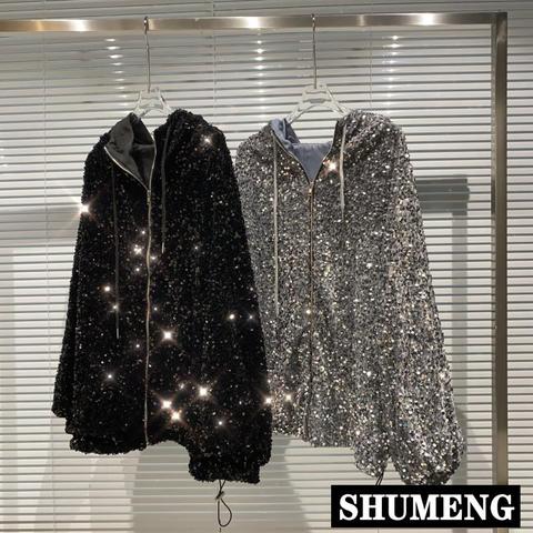 2022 otoño nuevo lentejuelas brillante con capucha cordón largo manga chaqueta de la cremallera moda Streetwear mujeres abrigo suelto sudaderas con capucha ► Foto 1/5