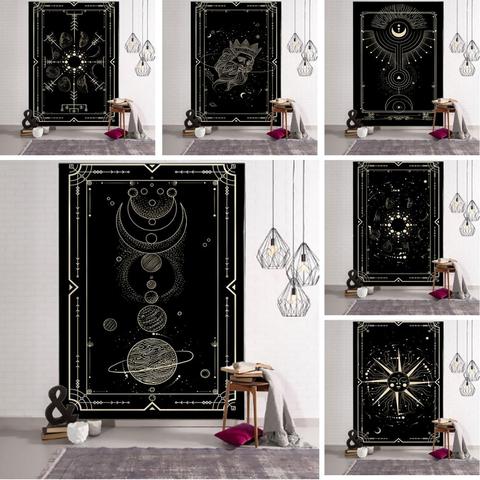 Tapiz de Mandala de Tarot Luna y Sol de dorado Negro, colgante de pared, brujería, Hippie, alfombras de pared, decoración de dormitorio, tapiz psicodélico ► Foto 1/6