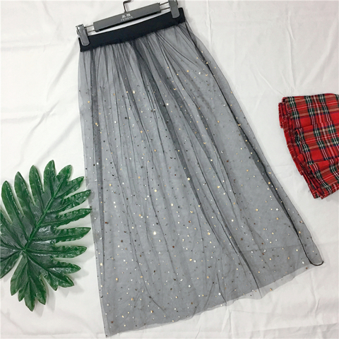 Falda larga de tul de malla para mujer, falda elegante de cintura alta, transparente, con lentejuelas y Luna, 2022 ► Foto 1/6