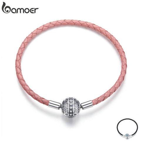 BAMOER 925 genuino redondo de plata de ley cierre deslumbrante claro CZ pulseras de cuero para las mujeres de la joyería de la plata esterlina SCB114 ► Foto 1/6