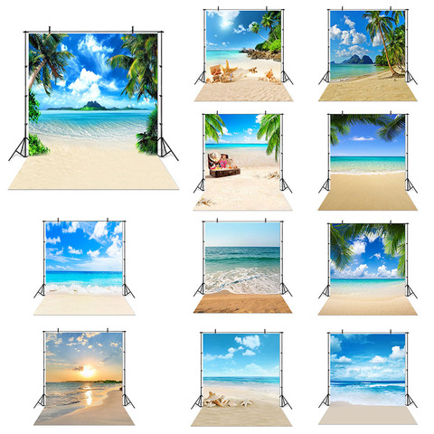 Fondo para estudio fotográfico, telón de fotografía de playa, mar, arena, nubes, cielo azul, verano, palmeras tropicales, árbol de coco ► Foto 1/6
