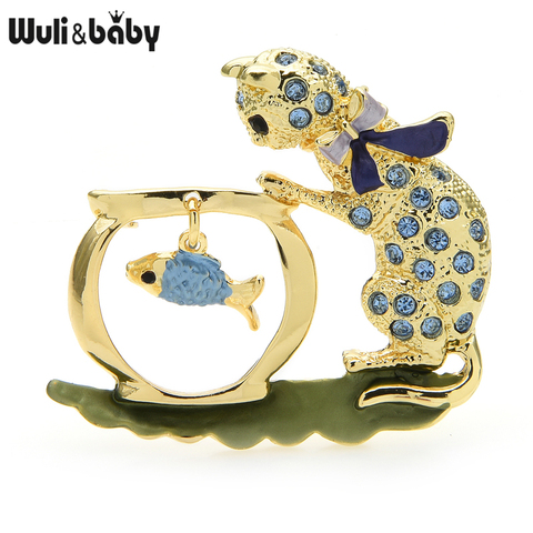 Wuli & baby-Lazo de diamantes de imitación para mujer, broches de gato, broche del pescado con aspecto de gatito bonito, regalo de joyería de Año Nuevo, 2 colores ► Foto 1/4