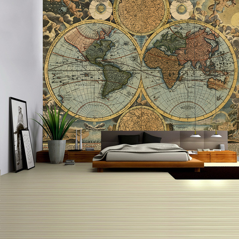 Tela con estampado 3D de mapa del mundo Vintage, brújula colorida geométrica, tapiz colgante de pared, pintura al óleo, Mapa del tesoro pirata ► Foto 1/6