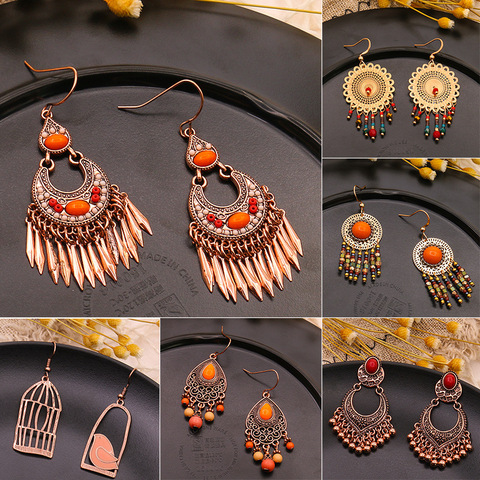 Exknl-pendientes largos y grandes para mujer, con campanas geométricas, Cruz Bohemia, aretes de flores con borlas Vintage, accesorios de joyería ► Foto 1/6