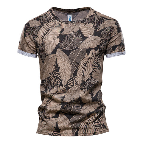 NEGIZBER-camisetas con estampado de hojas para hombre, camisa de manga corta de algodón con cuello redondo, 100%, verano, 2022 ► Foto 1/6
