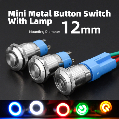 Interruptor de botón de Metal impermeable para motor de coche, luz LED de 12mm, enganche momentáneo, PC, interruptor de alimentación de 3V, 5V, 12V, 24V, 220V con enchufe ► Foto 1/6