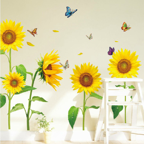 Pegatinas de pared con girasoles para sala de estar, pegatinas de hojas verdes para pared del dormitorio de niños, decoración del hogar, murales ► Foto 1/6