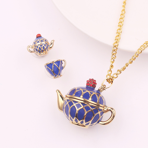 2022 nuevo azul intenso collar con forma de tetera conjunto puede abrir té olla taza collar elegante collar con forma de tetera encanto de joyería creativa regalo de las mujeres ► Foto 1/6