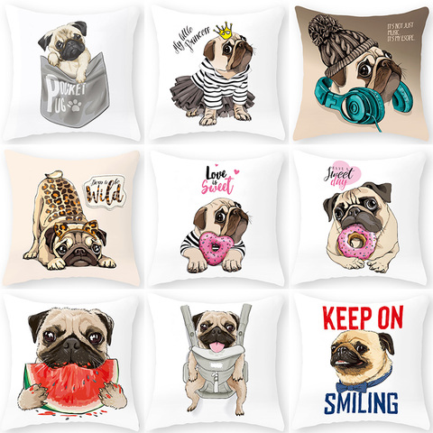 Cojín decorativo para sofá con dibujos de Pug Bulldog, funda de almohada de poliéster 45x45, funda de almohada para decoración del hogar, 40599 ► Foto 1/6