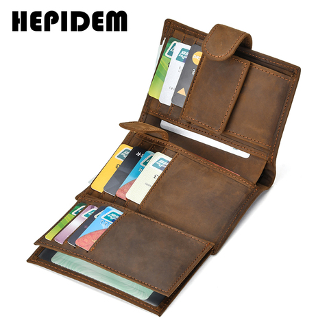 HEPIDEM RFID-cartera Crazy Horse de cuero genuino para hombre, cartera masculina de alta calidad, delgada, con bolsillo frontal, 2022 ► Foto 1/6