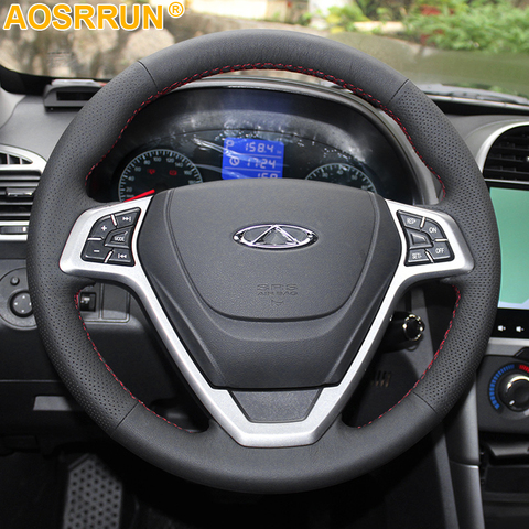 Aosrrun accesorios coser cuero genuino cubierta del volante del coche para Chery Tiggo 3 2011 2012 2013 ► Foto 1/3