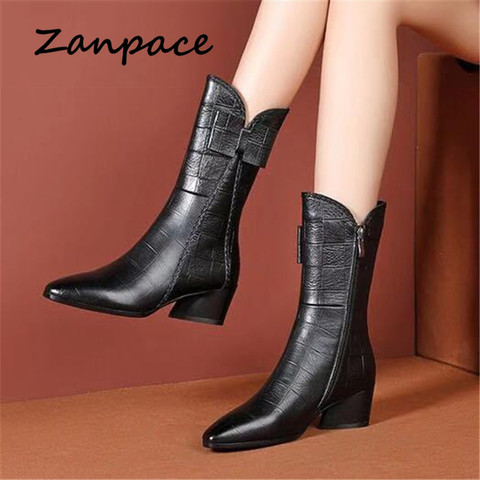 ZANPACE-Botas de invierno de media caña para mujer, zapatos cálidos de terciopelo con punta en pico y tacón alto con cremallera y nudo de mariposa, 2022 ► Foto 1/6