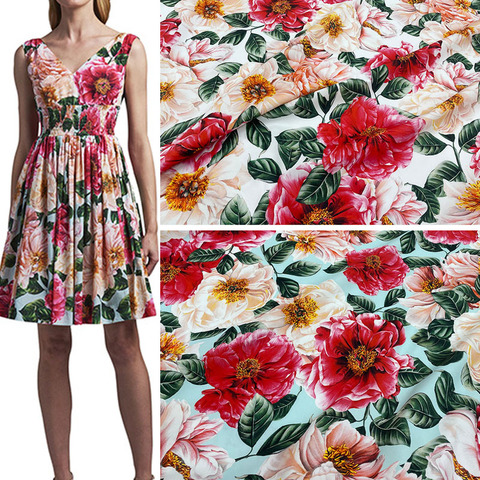 Tela de raso o gasa para mujer, estampado de rosas coloridas de 145cm de ancho, de algodón o imitación, para Vestido largo de verano, ropa DIY ► Foto 1/5