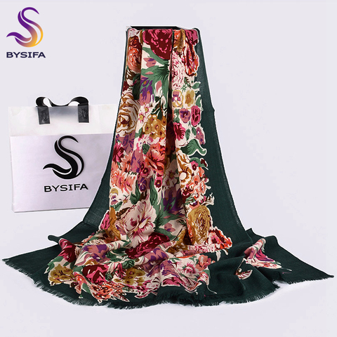 BYSIFA-bufandas verdes de lana de 100% para mujer, chales largos de Pashmina con peonías chinas, Hijab de marca para primavera y otoño ► Foto 1/6