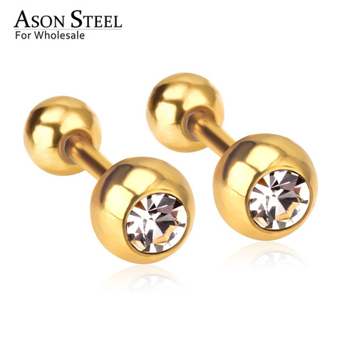 ASONSTEEL Color oro y plata de cristal redonda pendientes con cierre roscado 316L pequeño de acero inoxidable pendiente para niño/Las Mujeres aretes ► Foto 1/6