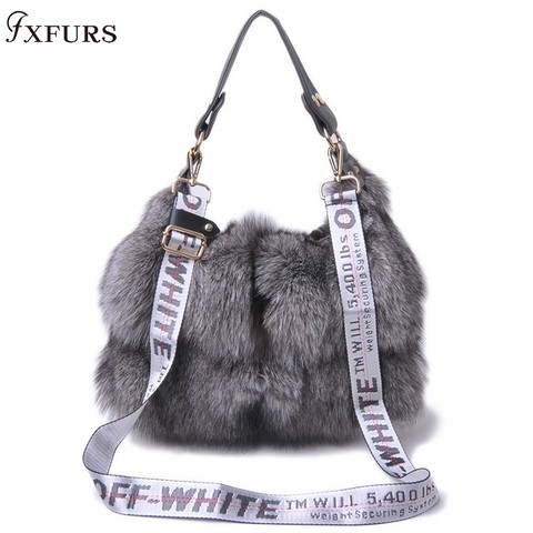 FXFURS-Bolsos de piel de zorro auténtica para mujer, bandoleras de un solo hombro, bolso de mano grande de piel de zorro plateado para mujer 2022 ► Foto 1/6