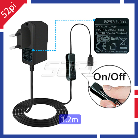 Adaptador de fuente de alimentación 52Pi 5V 3A con Cable de interruptor de encendido/apagado cargador de enchufe UE/EE. UU/Reino Unido para Raspberry Pi 4B / 3B / 3B +, 3B Plus ► Foto 1/6