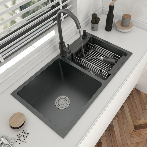 Fregadero de cocina de doble cuenco de acero inoxidable 304, lavabo empotrado, Negro-Gris, con accesorios de drenaje para el hogar ► Foto 1/6