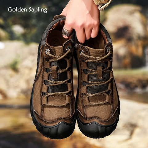 Golden Sapling de cuero genuino para hombre, zapatos cálidos informales Retro, botas clásicas para invierno, zapatos de Trekking de costura a la moda ► Foto 1/6