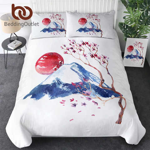 BeddingOutlet Sakura flor ropa de cama Set flor de cerezo japonés edredón cubrir 3 uds acuarela colchas Monte Fuji cama ► Foto 1/6