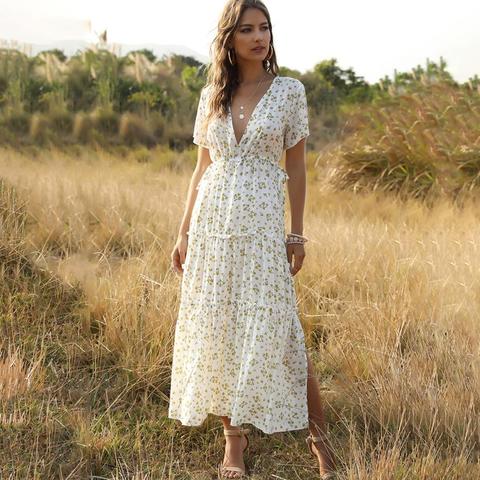 Vestido Midi informal de verano con volantes y escote triangular, traje largo con volantes y flores para mujer, color blanco, 2022 ► Foto 1/6