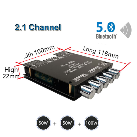 Placa de amplificador potencia Subwoofer TPA3116D2 con Bluetooth 100, 2x50W + 5,0 W, ecualizador de Audio estéreo, Clase D, 2,1 canales, TPA3116 ► Foto 1/6