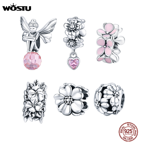 WOSTU-abalorios de flor rosa para mujer, de Plata de Ley 925, cuentas de flor compatibles con Pulsera Original, joyería colgante para mujer ► Foto 1/6