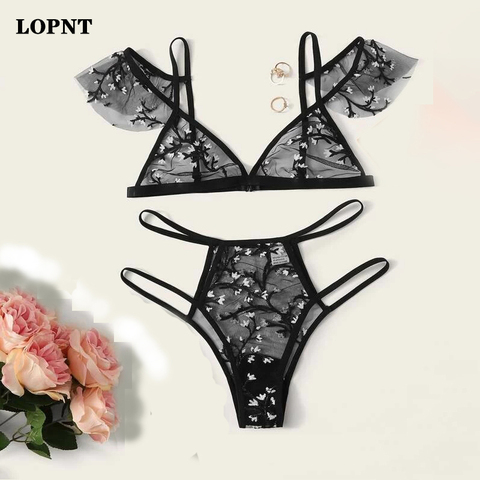 LOPNT-ropa interior Sexy para mujer, conjunto de lencería de malla transparente con bordado Floral, sin espalda Bralette sexi, conjunto de Sujetador de encaje ► Foto 1/6