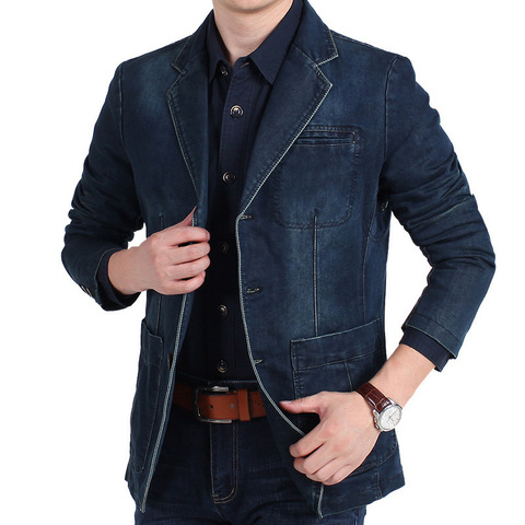 Blazer de mezclilla para hombres de 4XL, traje de algodón a la moda para hombres, ropa de abrigo Vintage para hombre, chaqueta azul, chaqueta vaquera para hombre, ceñidos pantalones vaqueros, Blazers MY161 ► Foto 1/6