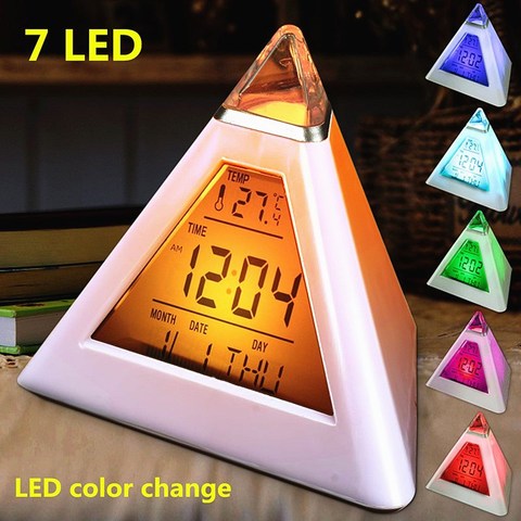 7 colores de la pirámide alarma LCD reloj con luz de noche termómetro Digital de pared Calendario del reloj temporizador Digital relojes con alarma y luz Led ► Foto 1/6