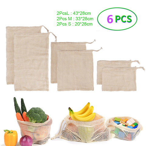 Bolsa reutilizable de algodón lavable para vegetales, bolsa de malla para el hogar, organizador de frutas y verduras, bolsa de almacenamiento para cocina, 6 uds. ► Foto 1/6