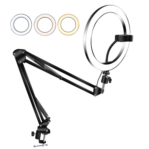 10 pulgadas anillo de luz Led con tijera brazo de soporte de 6 pulgadas escritorio mesa de luz para teléfono en vivo belleza lámpara BGD24 luz Rosa 26Cm ► Foto 1/6