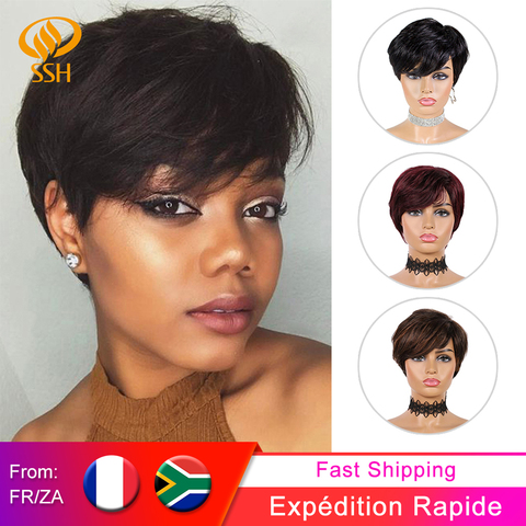 SSH-pelucas de cabello humano corto corte Pixie liso, cabello brasileño Remy para mujeres negras, hecho a máquina, Color resaltado, económico, sin pegamento ► Foto 1/6