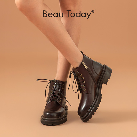 BeauToday-Botines de piel de vaca auténtica para mujer, botas con cordones y cremallera, zapatos de moda hechos a mano para otoño, 03452 ► Foto 1/6